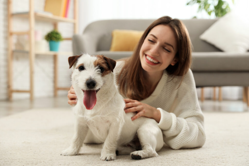 Pet care industry image of woman and dog on carpet.